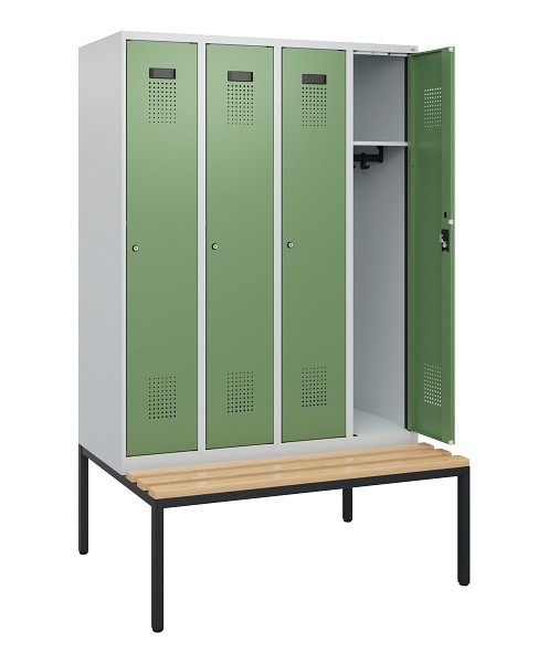 C+P Spind Evolo PLUS, 4 Abteile, 1950x1200x815mm, 7035/6011, Zylinderschloss, Sitzfläche Buche-Hartholz, Sitzbank, 0490505-40 S10037