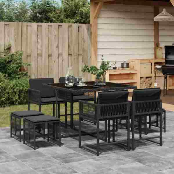 vidaXL 9-tlg. Garten-Essgruppe mit Kissen Schwarz Poly Rattan, UV-beständig, 3211495