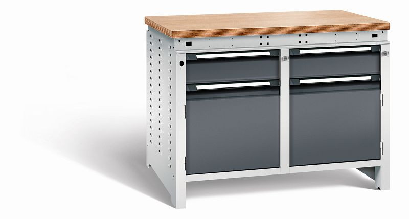 Otto Kind Werkbank Serie function Typ 214, Multiplexplatte 40 mm, bündig, 2x Unterbau + Zentralverschluss, Gehäuse RAL 7035, Front RAL 7016, 072344149