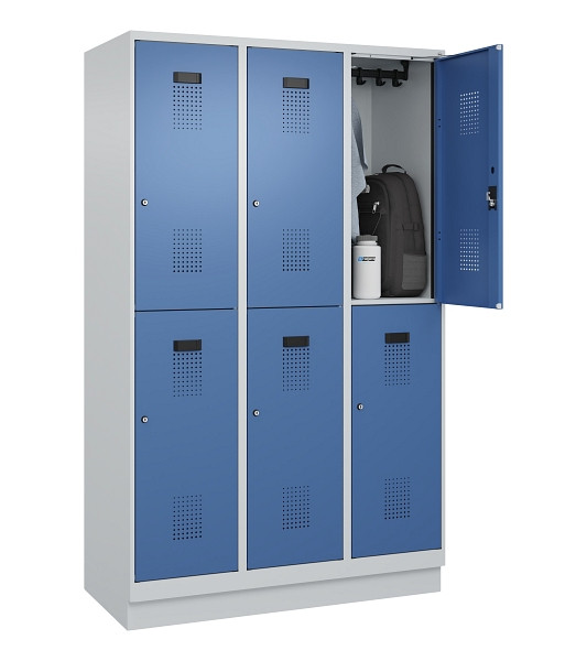 C+P Doppelstöckiger Spind Evolo PLUS, mit Sockel, 6 Fächer, 1950x1200x500mm, 703, Frontfarbe RAL 5023 Fernblau, Zylinderschloss, 049320-32 S10035
