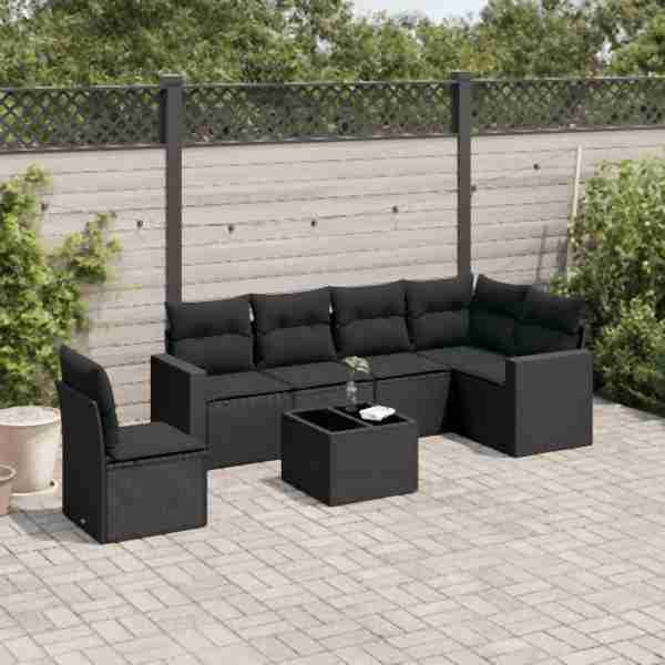 vidaXL 7-tlg. Garten-Sofagarnitur mit Kissen Schwarz Poly Rattan, UV-beständig, 3251372