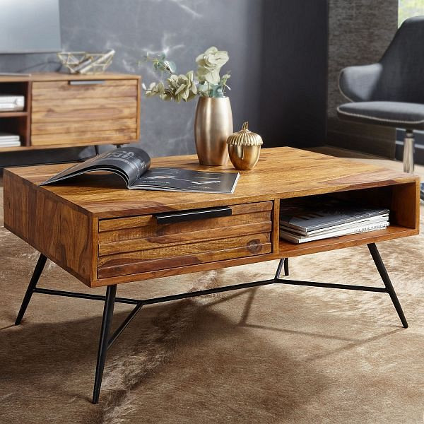 Wohnling Couchtisch NISHAN 87 x 41 x 55 cm Sheesham Massiv Holz, WL5.583