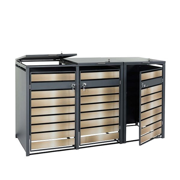 Mendler XL 3er/6er-Mülltonnenverkleidung HWC-J81, Mülltonnenbox, Metall 95kg anthrazit, gold, 83435+83436+83437