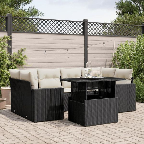 vidaXL 7-teilig Garten-Sofagarnitur mit Kissen Schwarz Poly Rattan, 3267126