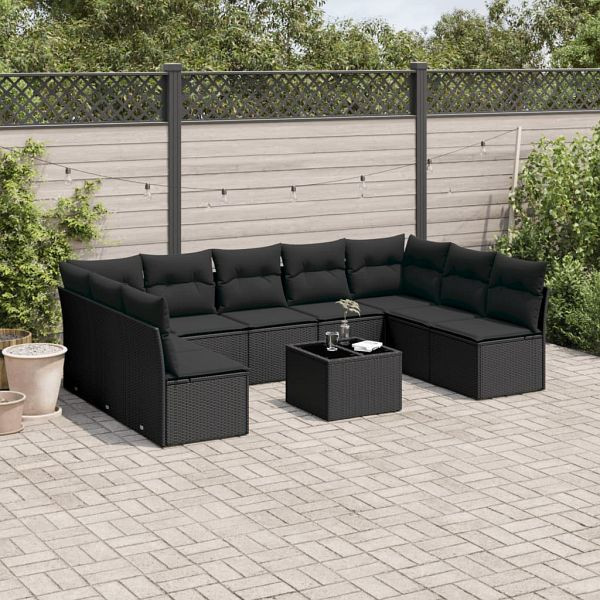 vidaXL 10-teilig Garten-Sofagarnitur mit Kissen Schwarz Poly Rattan, 3249914
