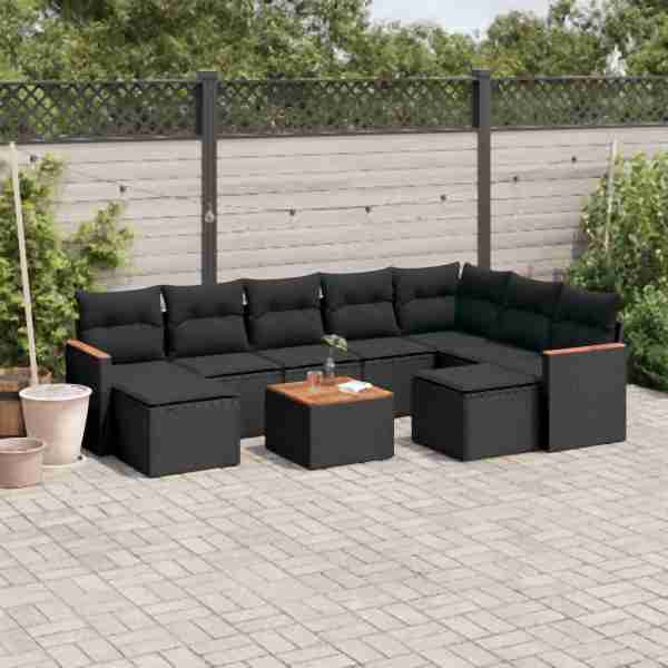 vidaXL 10-tlg. Garten-Sofagarnitur mit Kissen Schwarz Poly Rattan, UV-beständig, 3258947