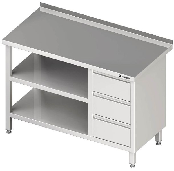 Stalgast Arbeitstisch mit Grund und Zwischenboden, 1400x600x850 mm, mit 3er Schubladenblock rechts, mit Aufkantung, verschweißt, VAT14610RA