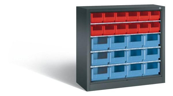 C+P Stahlregal mit Rückwand Serie 13, H1000xB1000xT420 mm, Anthrazit, 4 Einlegeböden, 24 Sichtlagerkästen, 133944-03 S10002