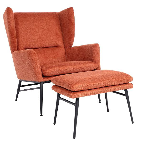 Mendler Lounge-Sessel mit Ottomane HWC-L62, Ohrensessel Polstersessel Cocktailsessel Hocker, Stoff/Textil, terracotta-braun, 117256+117259