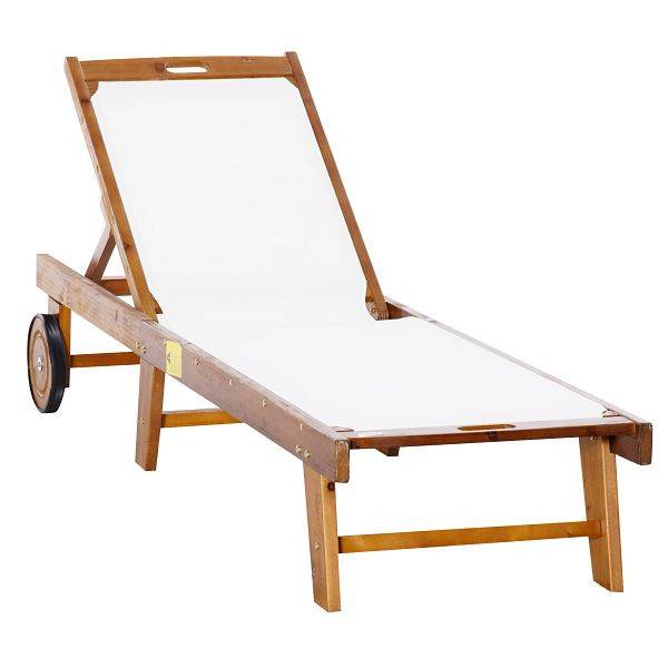 Outsunny Sonnenliege Relaxliege Gartenliege Gartenmöbel verstellbar Akazienholz Textil Natur+Weiß 198 x 55 x 30-88,5 cm, 84B-325