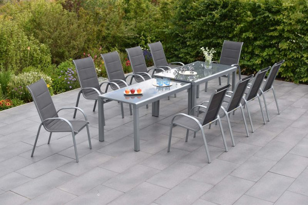 Merxx Amaro Set 11-teilig, anthrazit, 10 Amaro Stapelsessel, hohe Lehne, gepolstert, 1 Flex Ausziehtisch 160/160 x 78/75 x78/74,5 cm, 50705-307