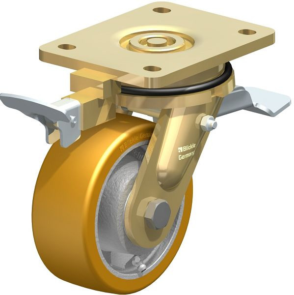 Blickle LS-GTH 127K-ST-RI4 Stahlgeschweißte Schwerlast-Lenkrolle, schwere Drehkranz-Ausführung mit Feststeller, Blickle Extrathane®, Hellbraun, 743740