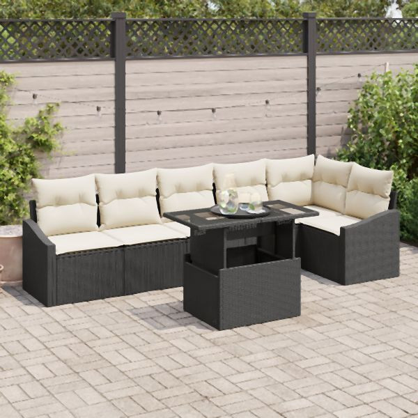 vidaXL Gartensofa-Set 7 Teile Schwarz und Creme Rattan und Polyester, 3357750