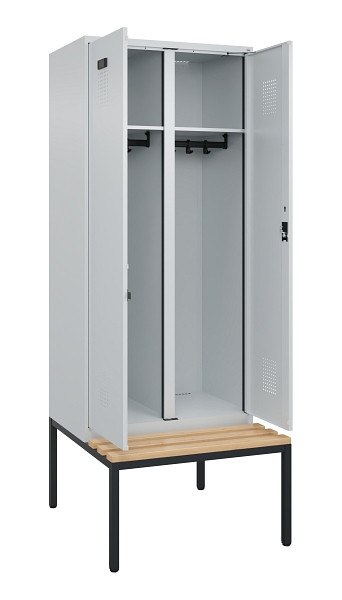 C+P Schwarz-Weiß-Spind Evolo PLUS, Bank, 2 Abteile, 2120x800x815mm, 7035/7035, Zylinderschloss, Sitzfläche Buche-Hartholz, Sitzbank, 0490527-22 S10040