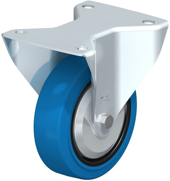 Blickle BK-POEV 125XR-3-SB-FA Stahlblech-Bockrolle, schwere Ausführung, mit Anschraubplatte, Elastik-Vollgummi, Blau, 851413