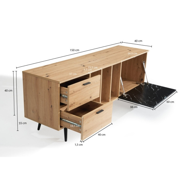 Wohnling Lowboard Eiche-Dekor mit Marmor-Look in Schwarz 150x55x40 cm TV-Kommode, Design TV-Schrank Hoch Modern, Fernsehtisch mit Tür & Schubladen, WL6.821