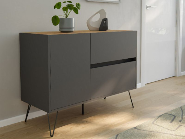 Posseik Sideboard Industrial S 100cm 2 Schubladen 1 Tür Grafit/Eiche Top, PN2081X0000058DE