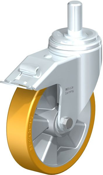 Blickle LHZ-ALTH 200K-FI Stahlblech-Lenkrolle, Schwerlast-Ausführung, mit Zapfen & Feststeller, Blickle Extrathane®, Hellbraun, 754660