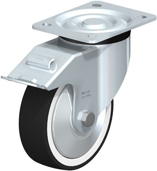 Blickle L-POTH 150G-FI-FA Stahlblech-Lenkrolle, mittelschwere Ausführung, mit Anschraubplatte & Feststeller, Thermoplastisches Polyurethan, Grau, 749414