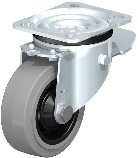 Blickle LK-POEV 100K-1-ST-SG Stahlblech-Lenkrolle, schwere Ausführung, mit Anschraubplatte & Feststeller, Elastik-Vollgummi, Grau, 315960