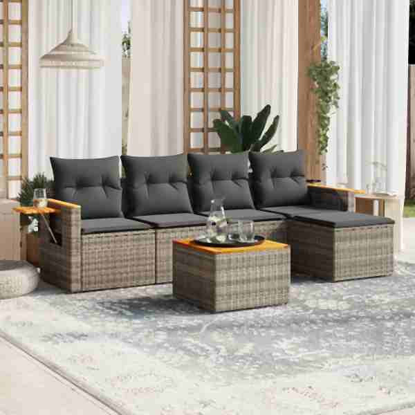 vidaXL 6-tlg. Garten-Sofagarnitur mit Kissen Grau Poly Rattan, UV-beständig, 3259169
