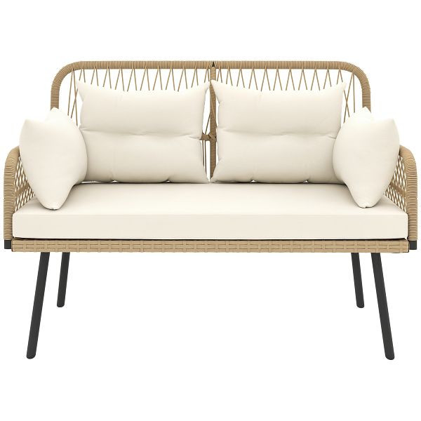 Outsunny Gartensofa mit Kissen 2-Sitzer Sofa Outdoor Balkon Sofa Rattansofa Polyrattan 115 x 61 x 82 cm Naturholz, 860-371V00BG