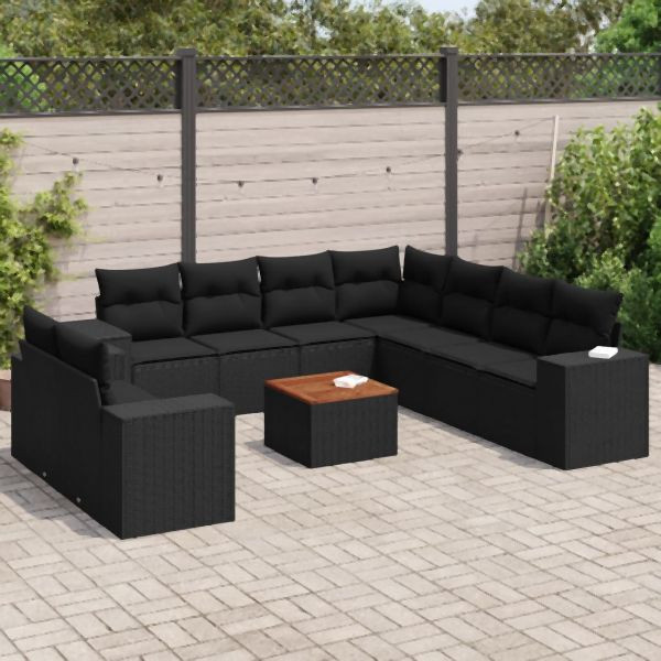 vidaXL 10-tlg. Garten-Sofagarnitur mit Kissen Schwarz Poly Rattan, 3257840