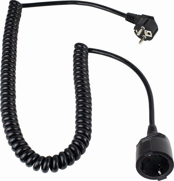 as-Schwabe Schutzkontakt-Spiralkabel, schwarz mit Schutzkontakt-Winkelstecker und Schutzkontaktkupplung, Kunststoffmantelleitung H05VV-F 3G1,5, 70425