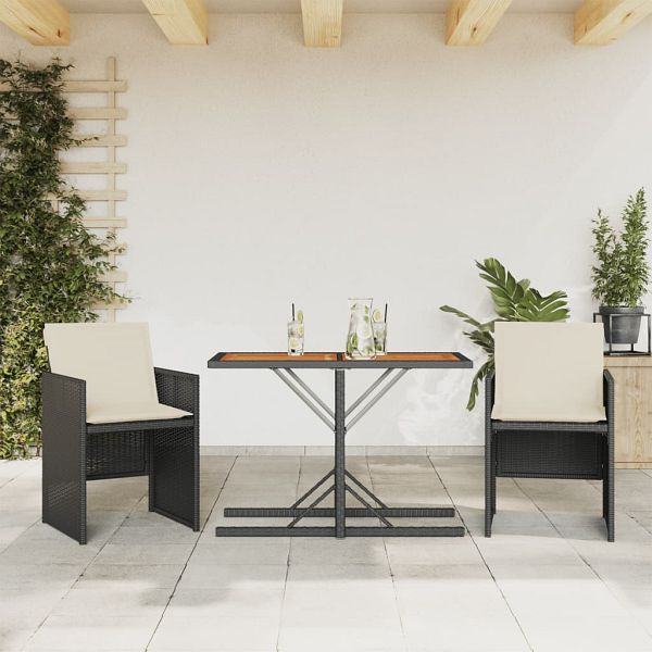 vidaXL 3-teilig Bistro-Set mit Kissen Schwarz Poly Rattan, 365068