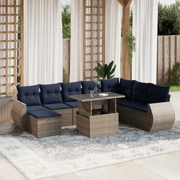 vidaXL 9-teiliges Gartensofa-Set mit Kissen, grau, Polyrattan, 3268731