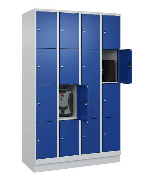 C+P Schließfachschrank Evolo PLUS, mit Sockel, 16 Fächer, 1950x1200x500mm, 7035/5010 Enzianblau, 049020-404 S10006