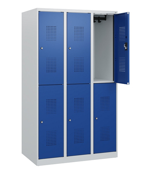 C+P Doppelstöckiger Spind Evolo PLUS, 6 Fächer, 1530x900x500mm, 7035/5010, Zylinderschloss, 0493005-30 S10029