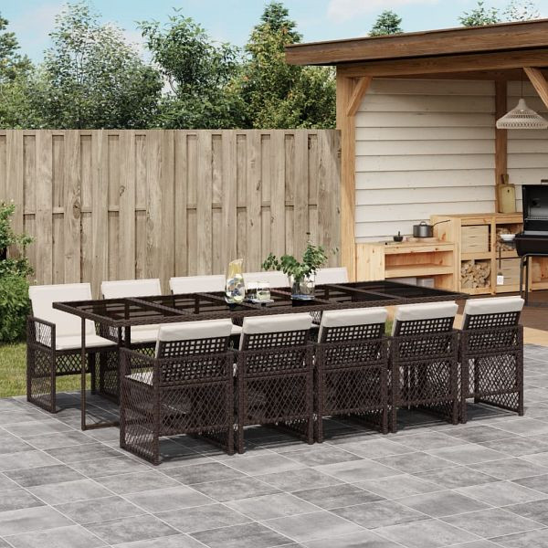 vidaXL 11-tlg. Garten-Essgruppe mit Kissen Braun Poly Rattan, 3210753