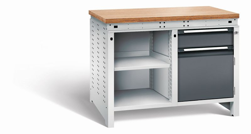 Otto Kind Werkbank Serie function Typ 211, Multiplexplatte 40 mm, bündig, 2x Unterbau, Gehäuse RAL 7035, Front RAL 7016, 072341149