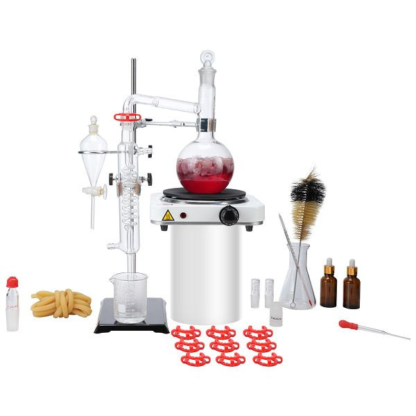 VEVOR Destillationsset für Ätherische Öle, 500 ml Destillationsapparat, mit 1000 W Heizplatte und 24, 40 Gelenken, 33-teiliges Set, JYTQBLZZJPDJRG1A4V2