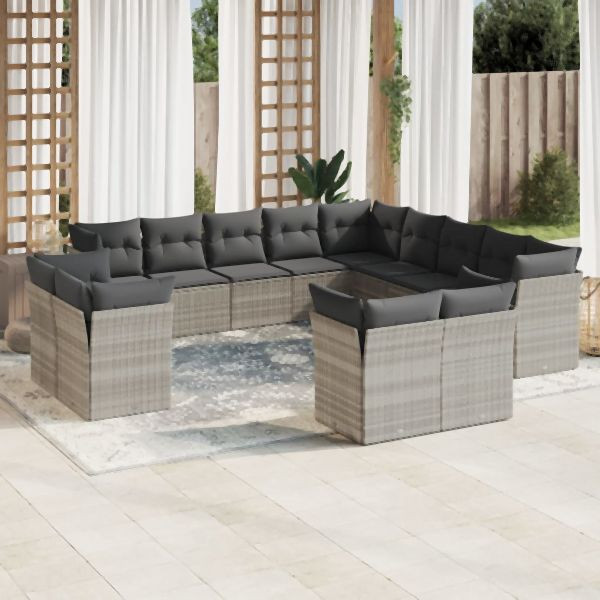 vidaXL 13-tlg. Garten-Sofagarnitur mit Kissen Hellgrau Poly Rattan, 3250391