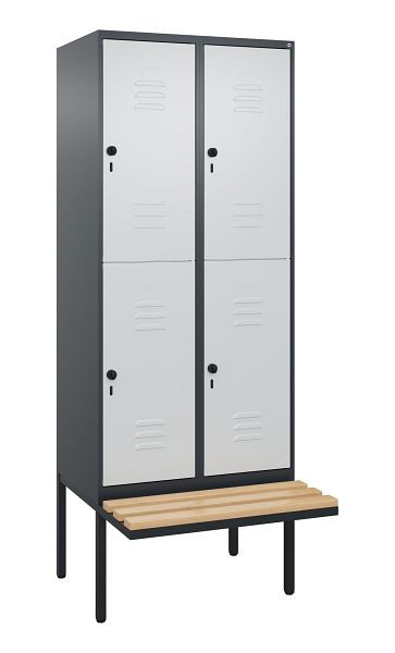 C+P Doppelstöckiger Spind Classic PLUS, 2 Abteile, 2120x800x815mm, 7016/7035, Drehriegel, Sitzleisten aus Buche, schwebende Sitzfläche, 0803407-22 S10013