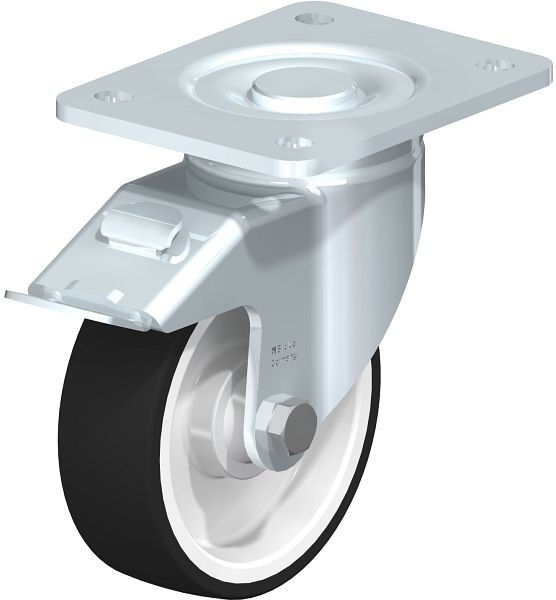 Blickle LH-POTH 125K-3-FI Stahlblech-Bockrolle, Schwerlast-Ausführung, mit Anschraubplatte & Feststeller, Thermoplastisches Polyurethan, Grau, 592881
