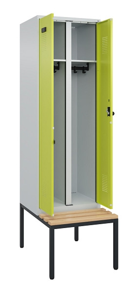 C+P Schwarz-Weiß-Spind Evolo PLUS, Bank, 2 Abteile, 2120x600x815mm, 7035/0024, Drehriegel, Sitzfläche Buche-Hartholz, Sitzbank, 0490527-20 S10015