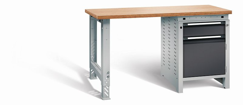 Otto Kind Werkbank function Typ 204, überstehende Multiplex-Arbeitsplatte, 1 Fußgestell, 1 Unterbau, Gehäuse RAL 9006, Front RAL 9005, 07219003N