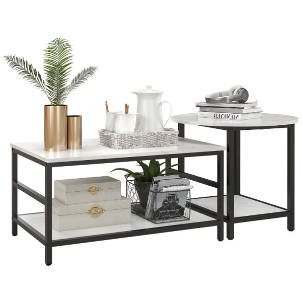 HOMCOM Couchtisch-Set, 2 Beistelltische, Marmoroptik, verstellbare Füße, Stahl, Schwarz/Weiß, 839-766V00WT