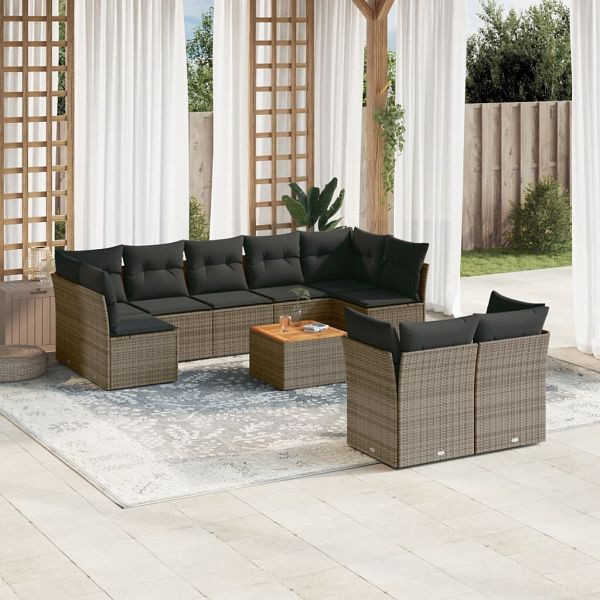 vidaXL 10-teilig Garten-Sofagarnitur mit Kissen Grau Poly Rattan, 3223813