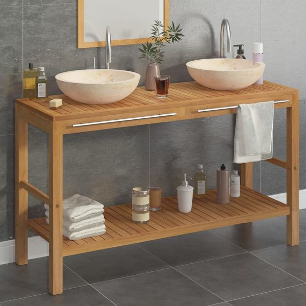 vidaXL Waschtisch Massivholz Teak mit Waschbecken Marmor Creme, 3058169
