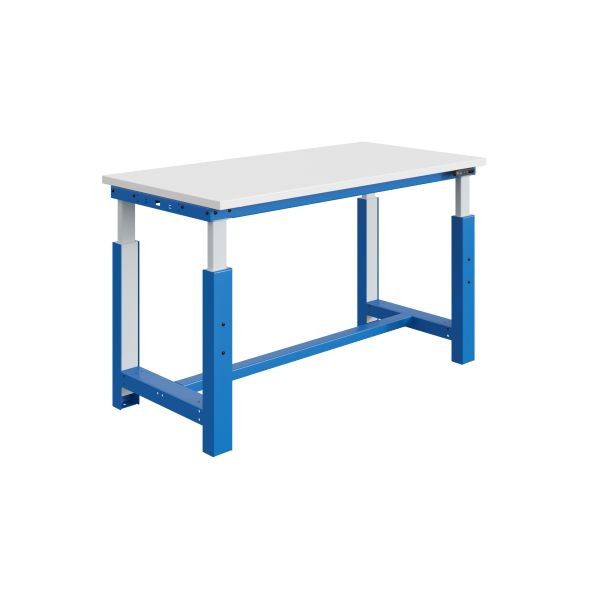 SOFAME SI Werkbank, elektrisch höhenverstellbar, B 1500 x T 750 x H 730 bis 1230 mm, RESITOP Laminat-Arbeitsplatte 30 mm, Himmelblau RAL 5015, W010010842BI