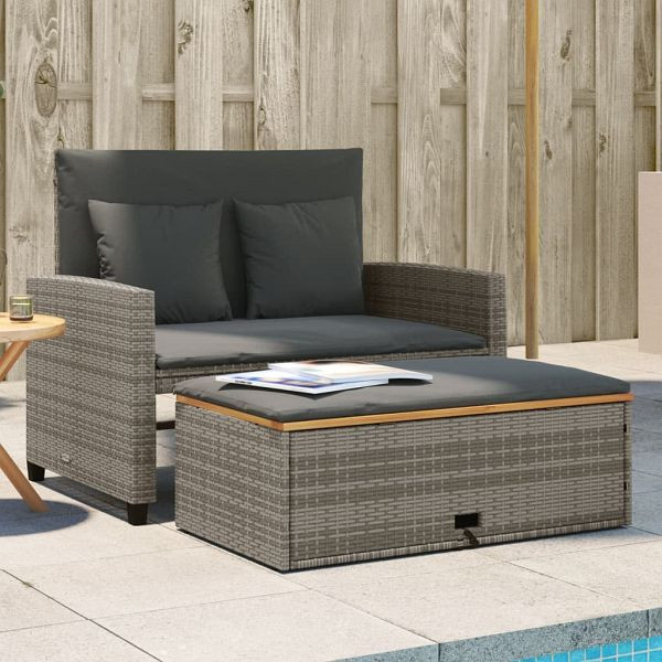 vidaXL Gartensofa mit Kissen 2-Sitzer Grau Poly Rattan & Akazienholz, 365142