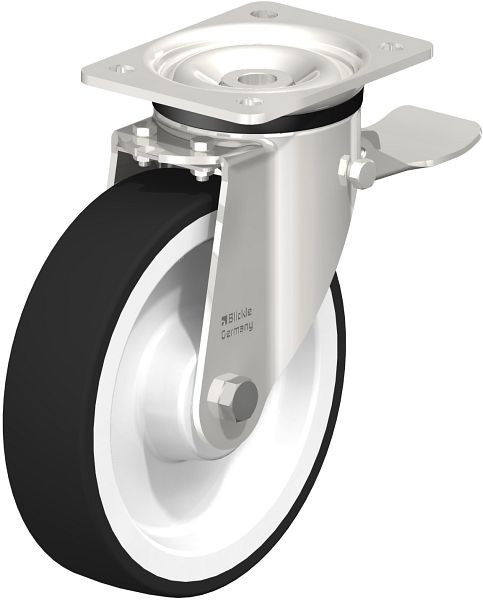 Blickle LKX-POTH 200XK-ST Edelstahl-Schwerlast-Lenkrolle mit Anschraubplatte & Feststeller, Thermoplastisches Polyurethan, Grau, 166
