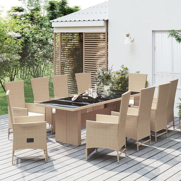 vidaXL 11-teilig Garten-Essgruppe mit Kissen Beige Poly Rattan, 3157581