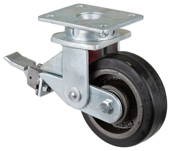BS Rollen Gefederte Schwerlastrolle mit Feststeller, Breite 50 mm, Ø150 mm, bis 350 kg, Elastik-Reifen schwarz, Radkörper Guss, Kugellager, T120.B81.150