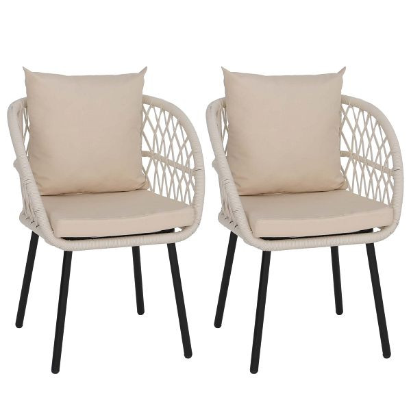 Mendler 2er-Set Gartenstuhl HWC-Q38, Gartensessel Armlehne, Aluminium Seilgeflecht Rope, Gestell schwarz, Polster creme, 121396