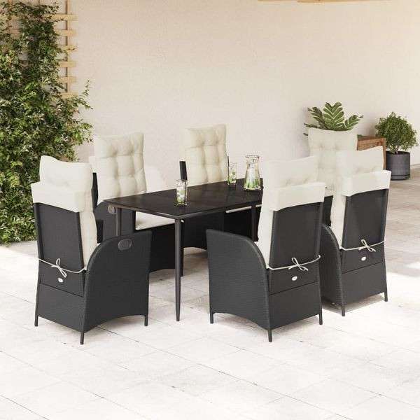 vidaXL 7-teilig Garten-Essgruppe mit Kissen Schwarz Poly Rattan, 3213159